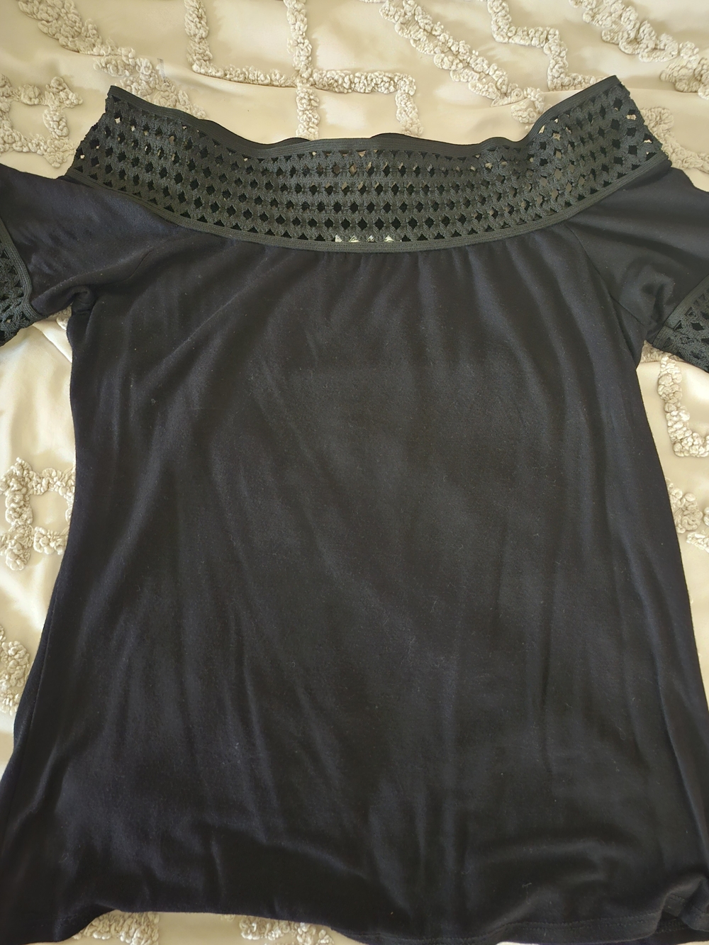 Montage by Mon Cheri Black Off-Shoulder Crochet Trim Top